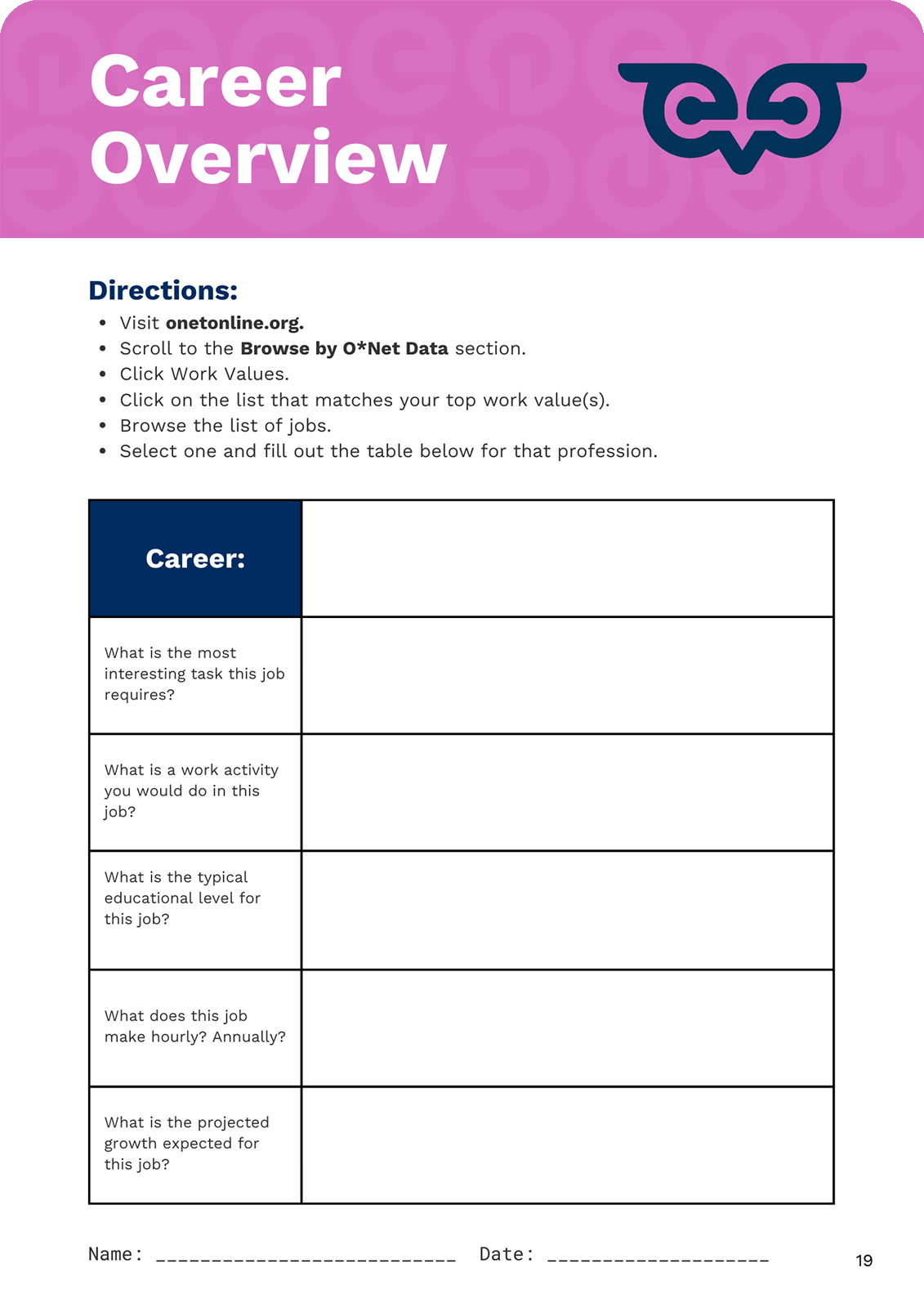 Image of Career Exploration Worksheet from Encourage® Lesson Plans