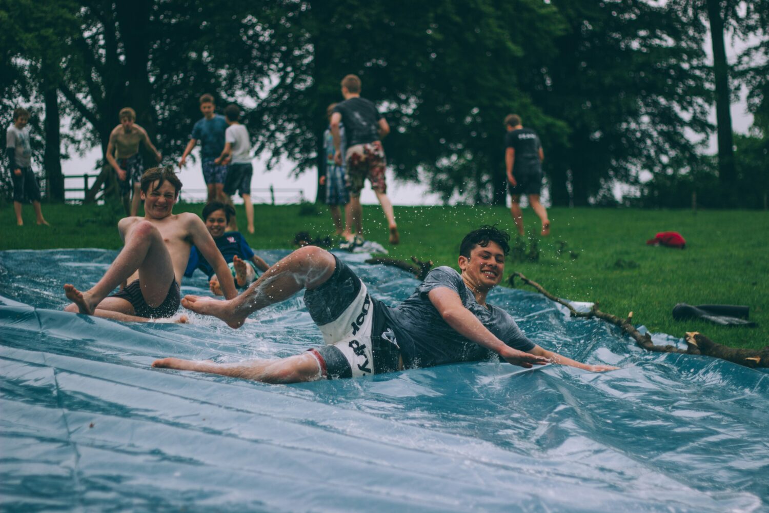 Students on a water slide